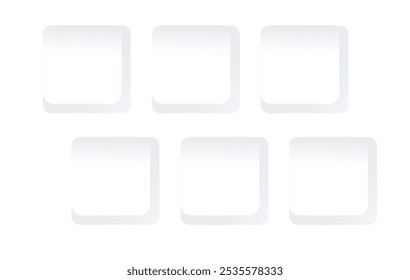 Set of white square keyboard buttons. 6 empty key templates for design. Vector mockup. Editable Blank template. EPS10.