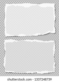 Set of white squared ripped notebook paper, torn note paper strips stuck on grey background. Vector illustration
