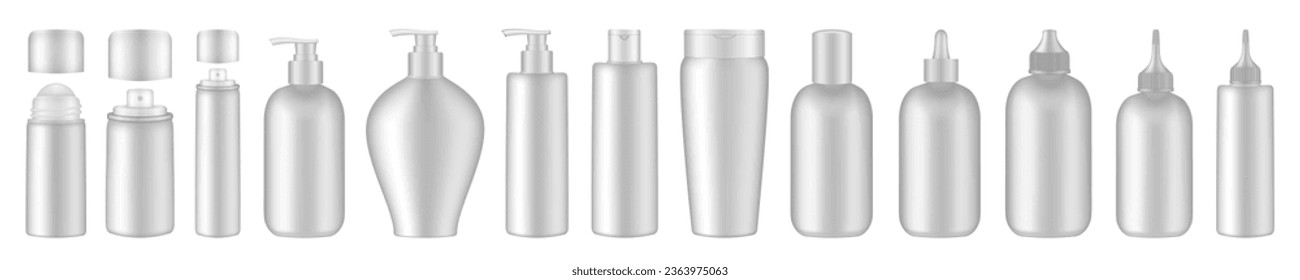 Set of white squeeze bottles. Bottles with pump, dispenser. Korean packaging. Lotion or shower gel. Deodorant roll-on. Hair spray, air freshener container, mockup of aerosol. Squeeze bottles. Dropper