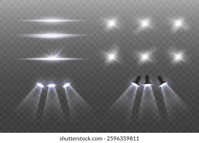 Set of white stage light spotlights, light bulb flare rays and stars.