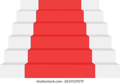 A set of white stairs with a bright red carpet running up the center, depicted in a clean flat style, evoking formality and elegance in a simple scene.
