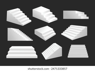 Set of White stairs with different view or angle, realistic staircases. Isolated on black background, mockup room front stand background. stair podium showcase design concept, vector illustration.