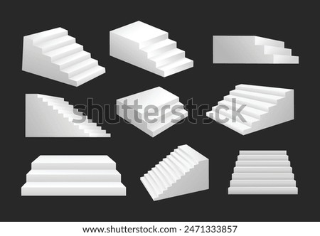 Set of White stairs with different view or angle, realistic staircases. Isolated on black background, mockup room front stand background. stair podium showcase design concept, vector illustration.