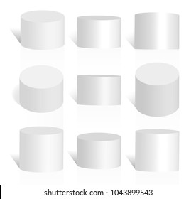 Set of white stand cylinders or podiums. 3d round pedestal vector illustration