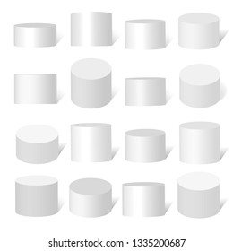 Set of white stand cylinders or podiums. 3d round pedestal vector illustration. Isolated