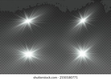 Set of white star flare, flash of light and explosion. On a transparent background.