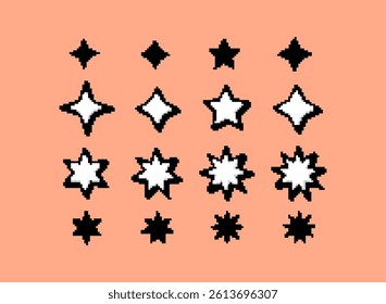 set of white star and sparkle 3d icon. modern retro trendy pixel art decoration elements vector illustration for game or any template
