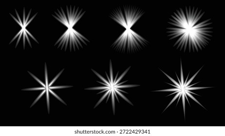 Un conjunto de efectos de luz de estallido estelar blanco sobre un fondo negro, que varían en forma y tamaño, se asemejan a destellos de lentes o explosiones de luz.