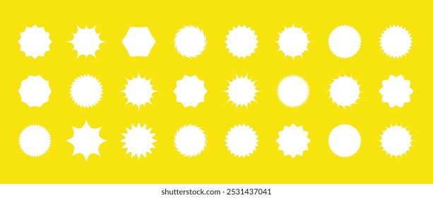 Conjunto de Precio blanco de estallido estelar. Insignias de Sunburst. Vector de la etiqueta engomada de la estrella en el fondo amarillo. Etiquetas simples en estilo plano.