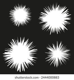Set of white starbursts. Explosion or sparkle symbols. Radiating lines elements. Vector illustration. EPS 10.