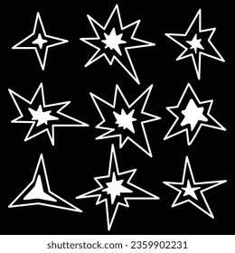 A set of white stars and a contour. Bright sparks on black, the symbol of fireworks, the glow of a star. Shimmering decoration, glowing light effect. Vector illustration of isolated flicker, flashes