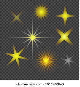 Set of white stars. Different bright lens flares beams and flashes on transparent backdrop. Design elements and decorative effects . Vector illustration. Isolated