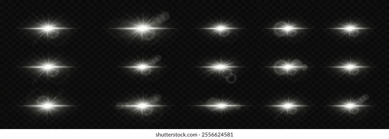 Set of white stars.  Light effect of glow and flare, sparkle, glare, explosion, solar flare, sparks and stars.