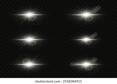 Set of white stars.  Light effect of glow and flare, sparkle, glare, explosion, solar flare, sparks and stars.