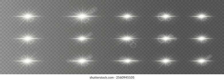 Set of white stars.  Light effect of glow and flare, sparkle, glare, explosion, solar flare, sparks and stars.