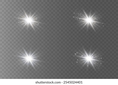 Set of white stars, light effects, lens flare, lens flare, particle explosion. On a transparent background.