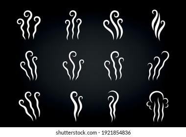 Set of white steam icons of smells, vapor, smoke and fog. Jets of air, waves of evaporation and the stench of aromas