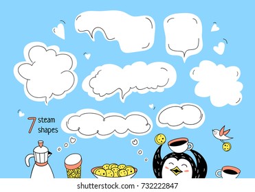 Set of white steam shapes. Funny penguin is sitting at the table with coffee maker, cups and plate of cookies on blue background. Hand drawn illustration with steam shapes to place your text.