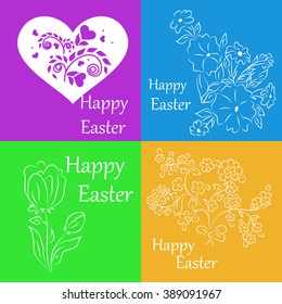 Set of white stickers on a colored background for spring greetings for Easter. It can be used to gift card accompanying