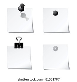 Set of white stickers with paper clip and office pins