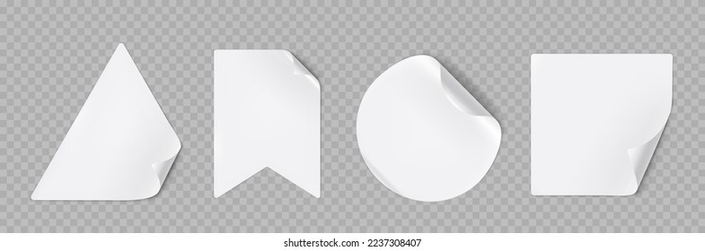 Set of white stickers with peel off corners png isolated on background. Realistic vector illustration of triangle, flag, round and square shape adhesive labels with flip edge. Marketing tags mockup
