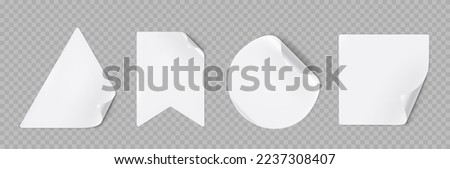 Set of white stickers with peel off corners png isolated on background. Realistic vector illustration of triangle, flag, round and square shape adhesive labels with flip edge. Marketing tags mockup