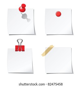 Set of white stickers with red paper clip and office pins