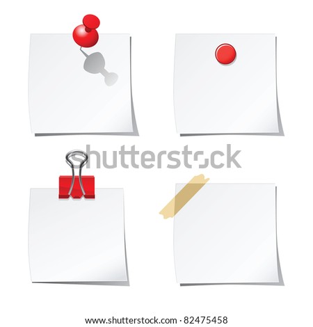 Set of white stickers with red paper clip and office pins