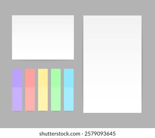 Set of white stickers, short small paper adhesive tapes. Colored sticky note with shadows. Isolated realistic vector illustration