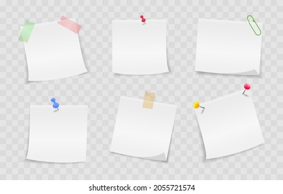 Set of white sticky note paper. Notes with pushpin, needles, paper fasteners and adhesive tape. Blank sheets for note message. Vector illustration.