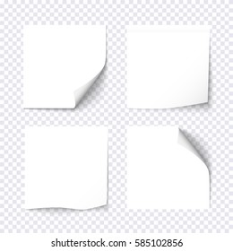 Set of white sticky on transparent background. Paper stickers, note post memo, labels. Vector design elements