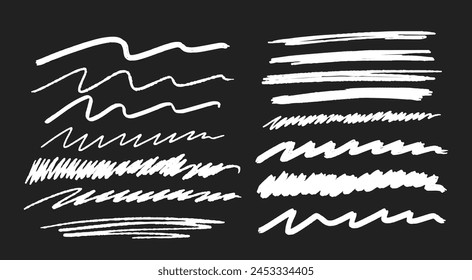 Conjunto De Subrayados Tachados Blancos. Colección de marcadores de pincel. Ilustración vectorial De Líneas De Garabato Aisladas