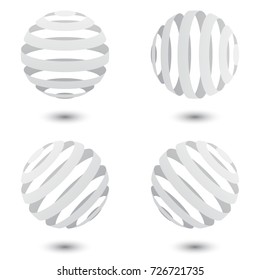 Set of white striped globe illustrations with shadow isolated on white background. Modern style geometric logotype.