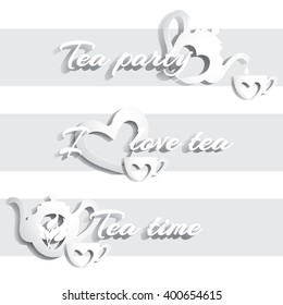 a set of white strips with teapots and cups