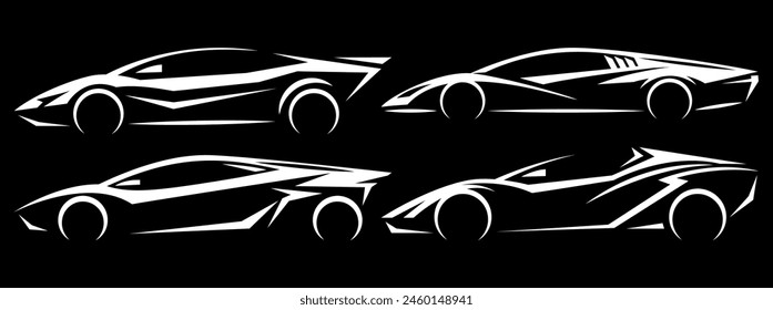 Set of white stylized sports cars on a black background. Vector templates for design.