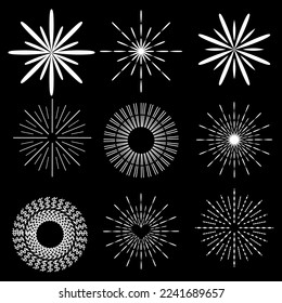 Set of white sun burst on black background vector illustration. Circle form. Star rays