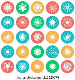 Set of white sun icons  in the color circles. Vector illustration