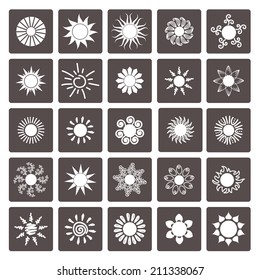 Set of white sun icons. Vector illustration