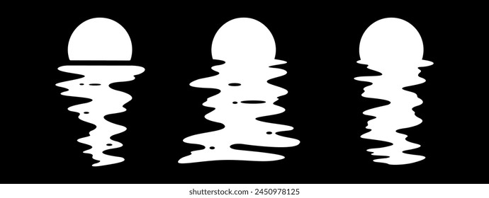 Set of white sun silhouettes on black background. Vector long reflection in water. Retro sunset in waves.