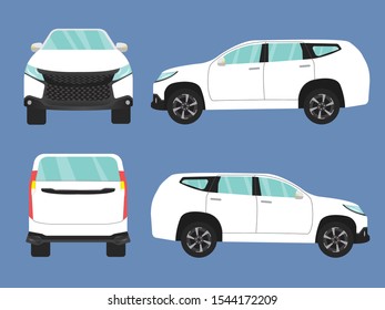 Set of white suv car view on blue backgruond,illustration vector,Side, front, back