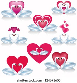 Set of white swans with hearts - symbol of love, isolated on white background. Vector illustration