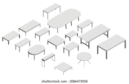 Set with white tables isolated on white background. Isometric view. 3D. Vector illustration