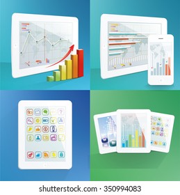 Set of white tablet computers. with applications on screens. Vector illustration.