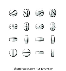 Set of white tablet pills from all angles vector illustration. Various sides of medical tablet.