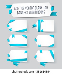 Set of white tag with turquoise glossy ribbons.
