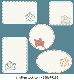 set of white tags with hand drawn paper ship, sea childish stickers, isolated design objects with empty space for your text here