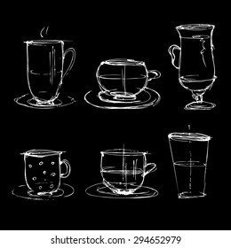 set of white tea and coffee mugs. sketch on a black background . vector doodles