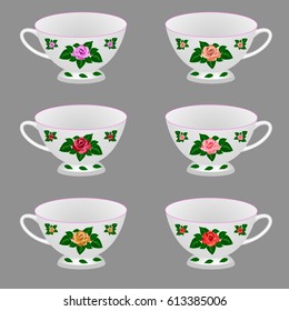Set of white tea cups ornate with rose flowers. Isolated objects, vector illustration