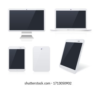 Conjunto de Dispositivos Tecnológicos Blancos con Pantalla Negra en Blanco en Fondo . Elementos vectores aislados
