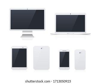 Set von weißen technischen Geräten mit schwarzem schwarzem Bildschirm auf Hintergrund . Elemente der isolierten Vektorillustration
